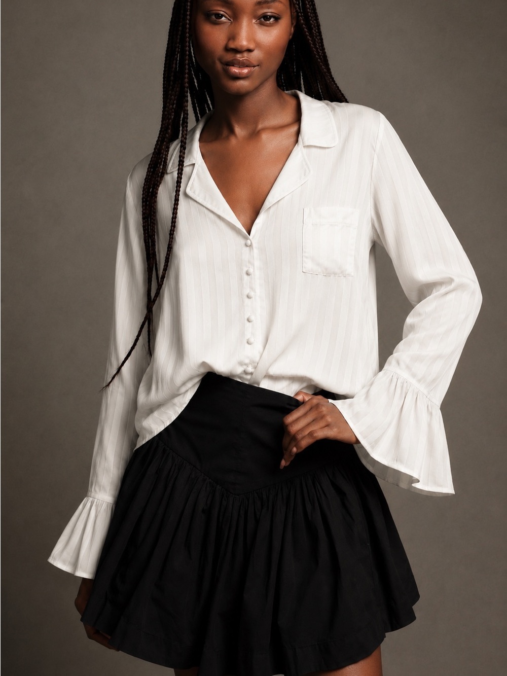 Anthropologie Ivory Satin Stripe Ruffle Cuff Blouse Sz Medium Cottagecore